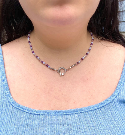 Calming natural stone gemstone handmade necklace with blue lace agate, amethyst, and rose quartz. Perfect gift for friends and family for any occasion such as birthdays, christmas, etc. Included is a beautiful stainless steel moon toggle clasp