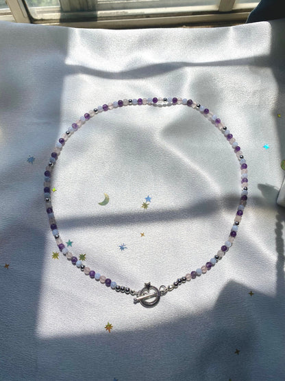 Calming natural stone gemstone handmade necklace with blue lace agate, amethyst, and rose quartz. Perfect gift for friends and family for any occasion such as birthdays, christmas, etc. Included is a beautiful stainless steel moon toggle clasp