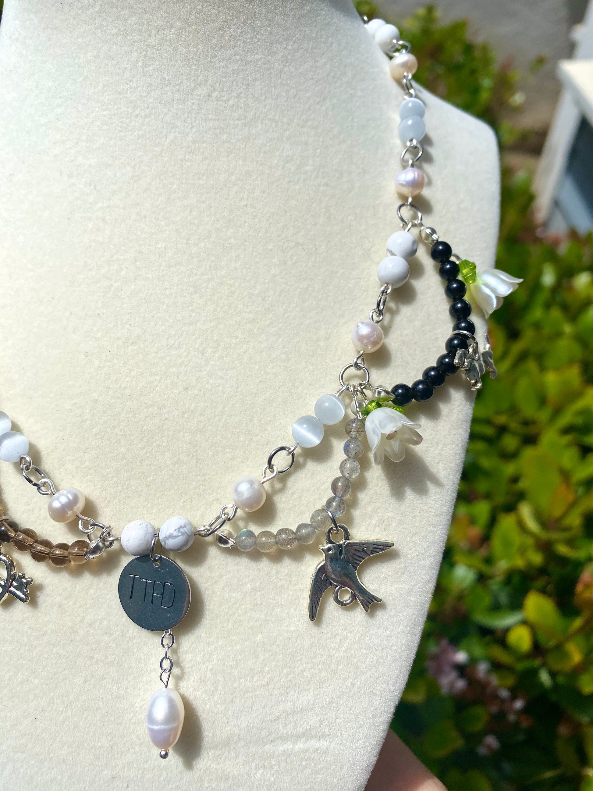 Tortured Poets Department handmade gemstone beaded necklace made with selenite, howlite, moonstone, smoky quartz, labadorite, and obsidian genuine gemstones. Perfect gift for any swiftie excited for taylor&#39;s new album release!