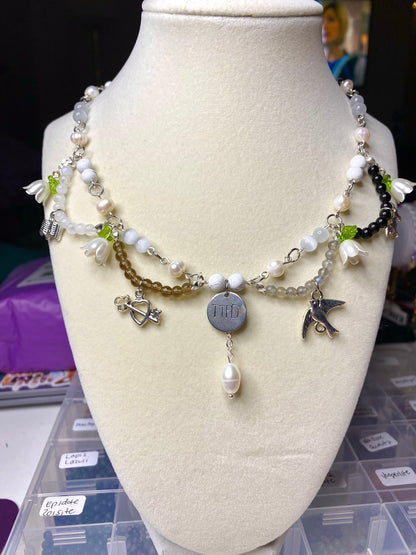 Tortured Poets Department handmade gemstone beaded necklace made with selenite, howlite, moonstone, smoky quartz, labadorite, and obsidian genuine gemstones. Perfect gift for any swiftie excited for taylor&#39;s new album release!