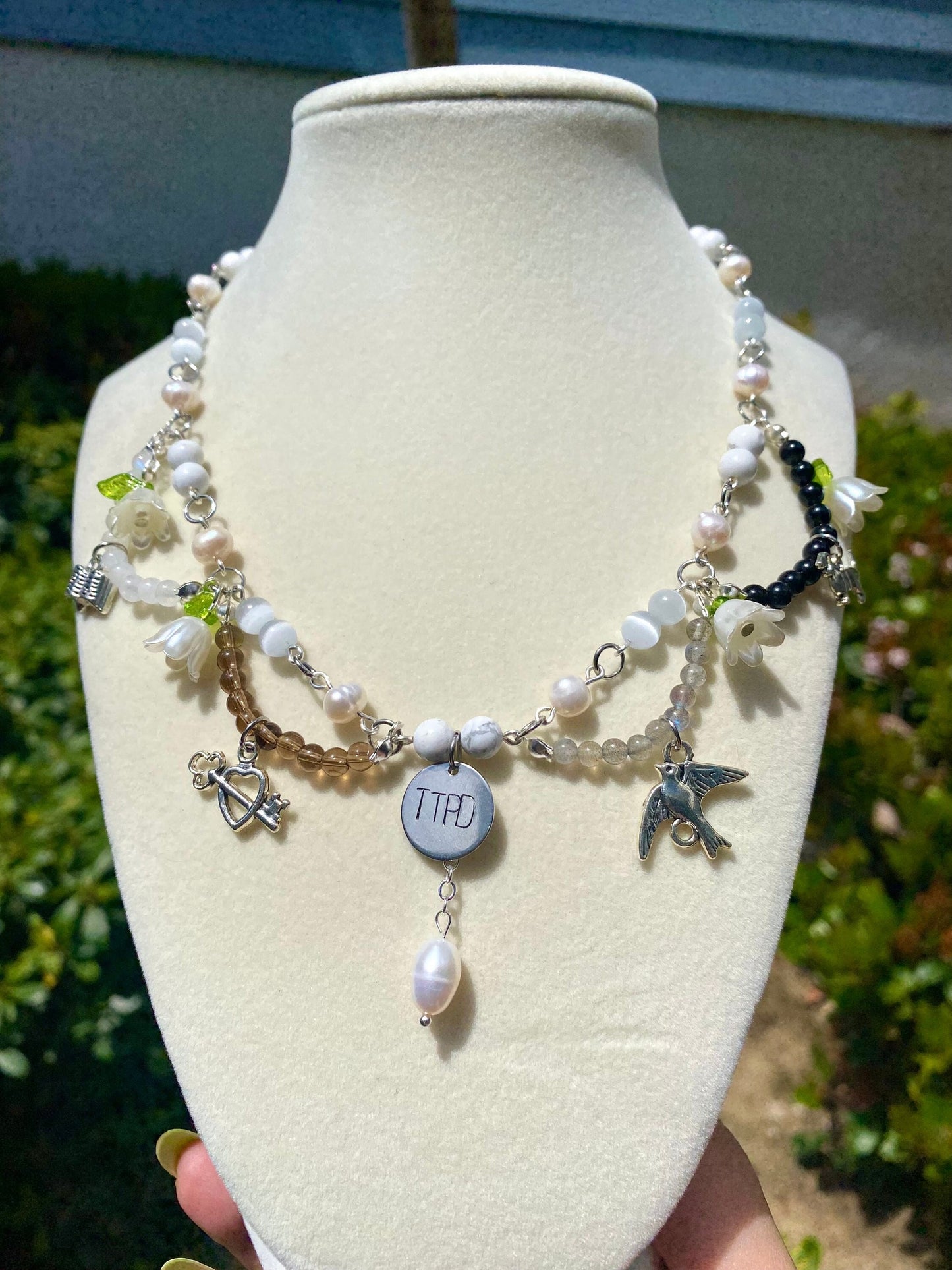 Tortured Poets Department handmade gemstone beaded necklace made with selenite, howlite, moonstone, smoky quartz, labadorite, and obsidian genuine gemstones. Perfect gift for any swiftie excited for taylor&#39;s new album release!