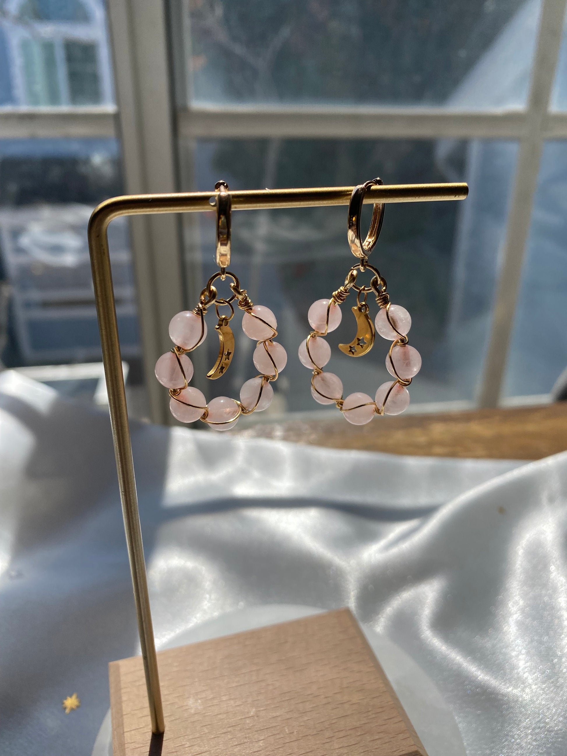 Rose Quartz Moon Braided Earrings Natural Gemstone Handmade Cute Christmas Gift Mothers Day Birthday Bridesmaid Dainty For Her Crystal Beads