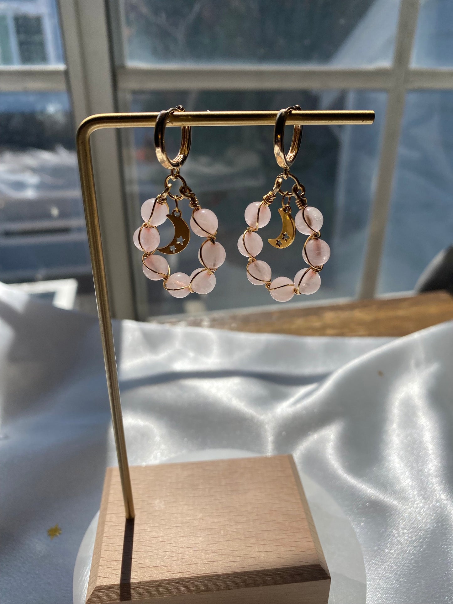 Rose Quartz Moon Braided Earrings Natural Gemstone Handmade Cute Christmas Gift Mothers Day Birthday Bridesmaid Dainty For Her Crystal Beads