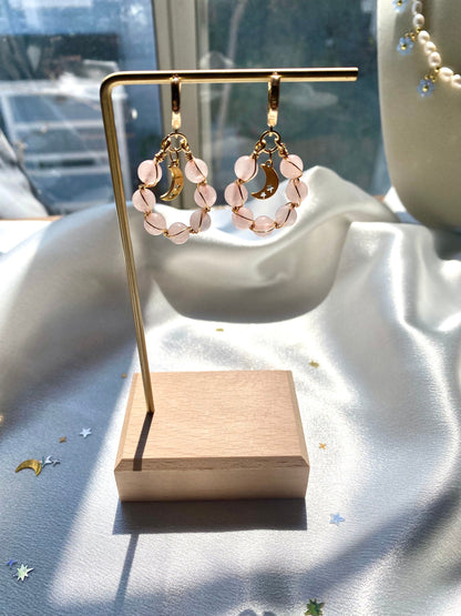 Rose Quartz Moon Braided Earrings Natural Gemstone Handmade Cute Christmas Gift Mothers Day Birthday Bridesmaid Dainty For Her Crystal Beads