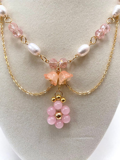 Beautiful Handmade Pink Rose Quartz Natural Stone Crystal Freshwater Pearl Necklace with hanging glass lillies and 18k gold beads and chain perfect gift for spring and birthdays for her and friends