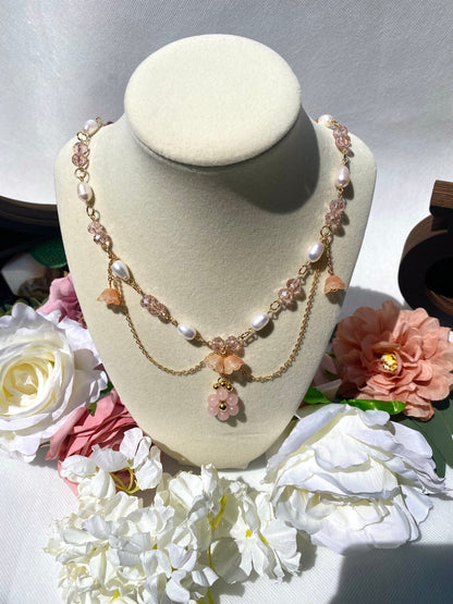 Beautiful Handmade Pink Rose Quartz Natural Stone Crystal Freshwater Pearl Necklace with hanging glass lillies and 18k gold beads and chain perfect gift for spring and birthdays for her and friends