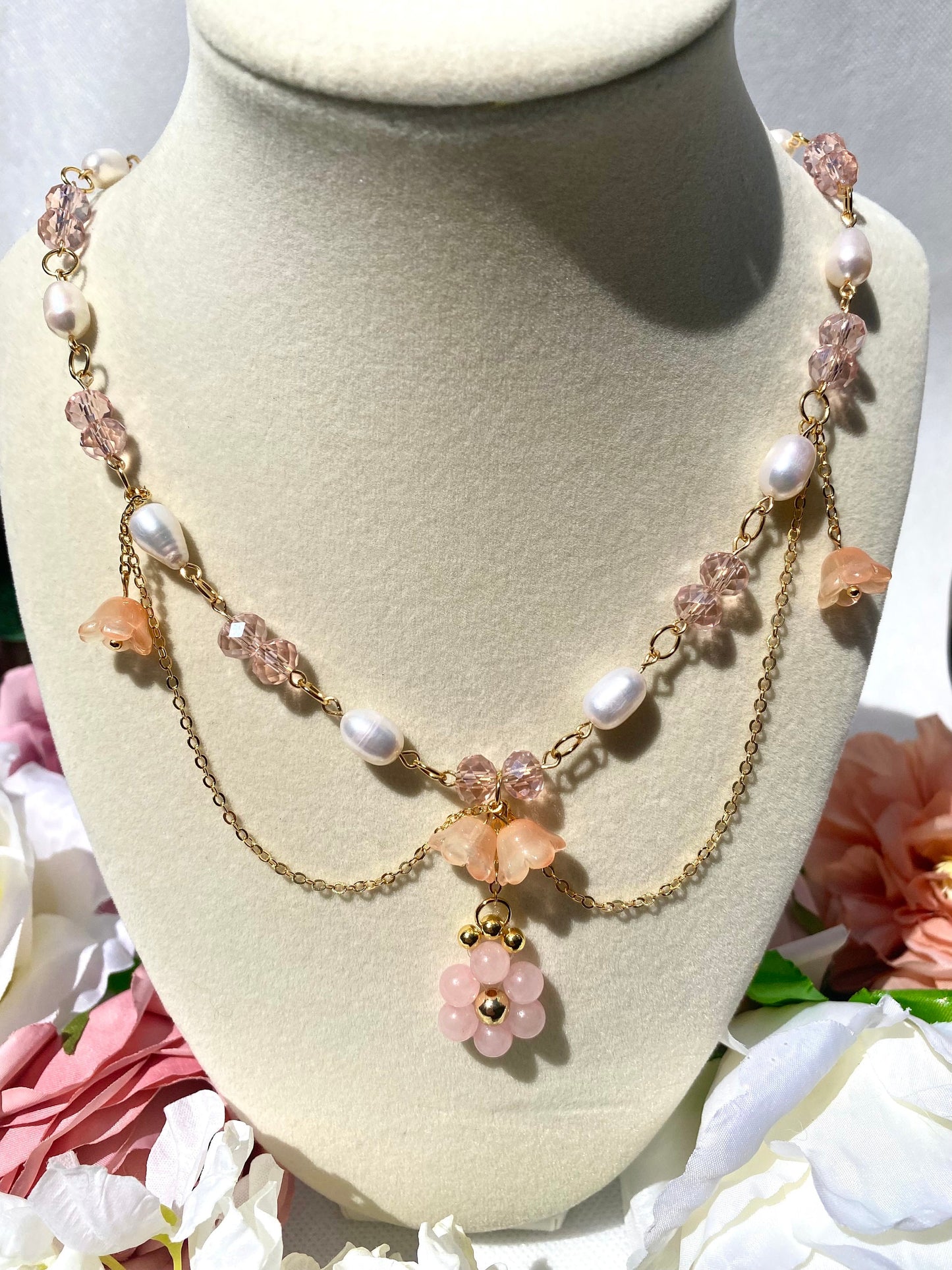 Beautiful Handmade Pink Rose Quartz Natural Stone Crystal Freshwater Pearl Necklace with hanging glass lillies and 18k gold beads and chain perfect gift for spring and birthdays for her and friends