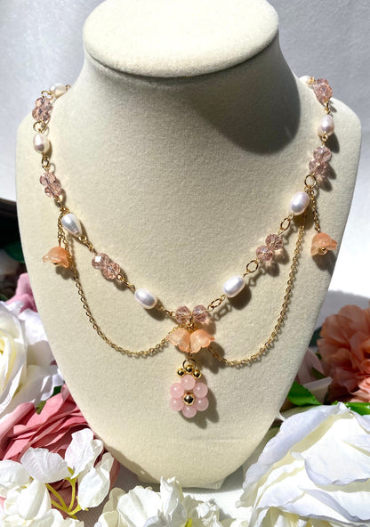 Beautiful Handmade Pink Rose Quartz Natural Stone Crystal Freshwater Pearl Necklace with hanging glass lillies and 18k gold beads and chain perfect gift for spring and birthdays for her and friends