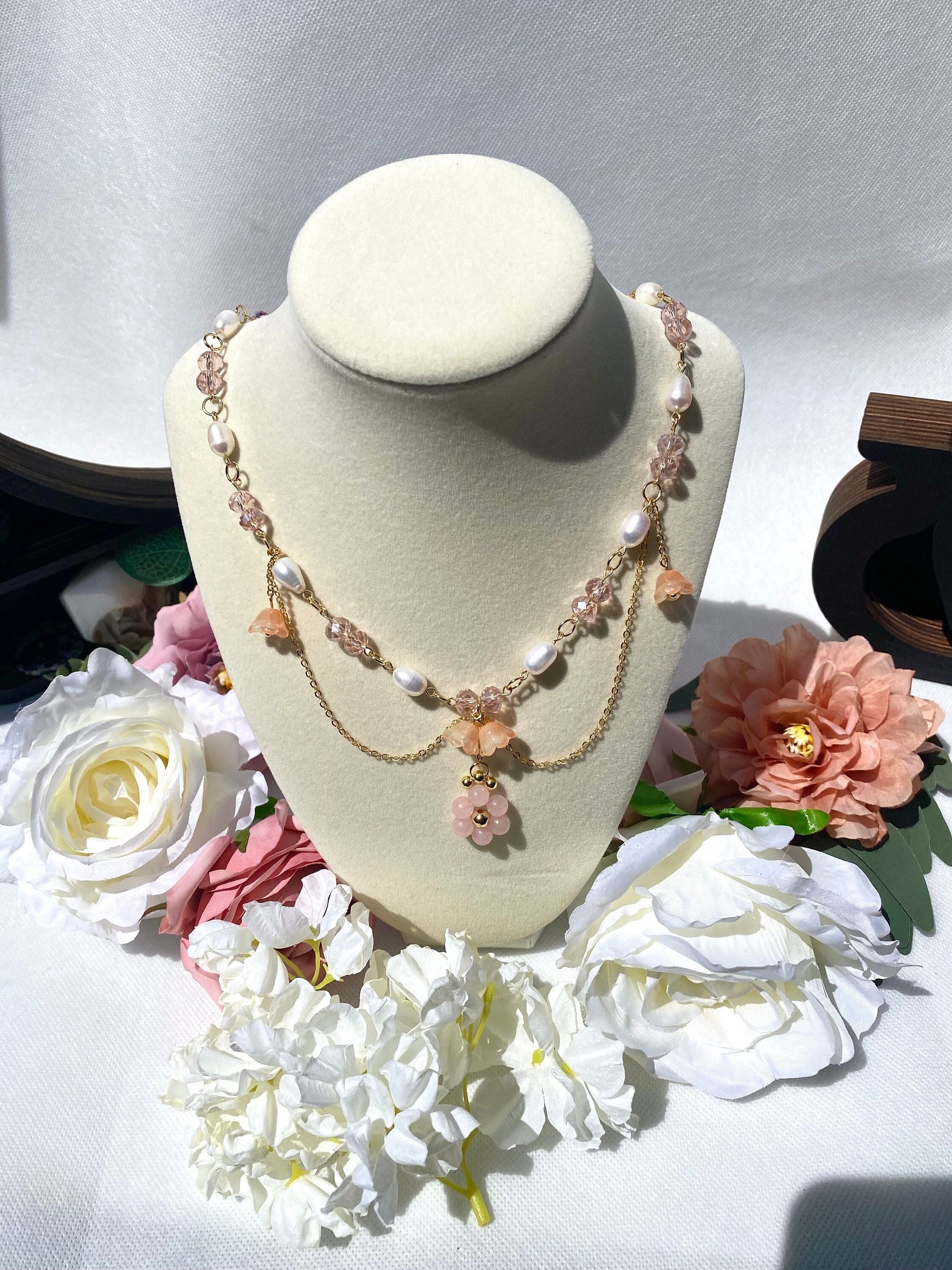 Beautiful Handmade Pink Rose Quartz Natural Stone Crystal Freshwater Pearl Necklace with hanging glass lillies and 18k gold beads and chain perfect gift for spring and birthdays for her and friends