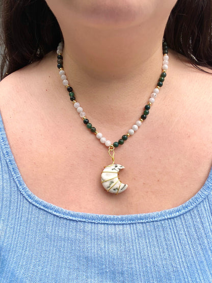 Moonstone and Moss Agate Natural Stone Crystal beaded necklace with 18k gold filled beads with a crystal moss agate carved moon wrapped in gold wire tarnish resistant and the perfect gift for friends and family for birthdays christmas, etc.