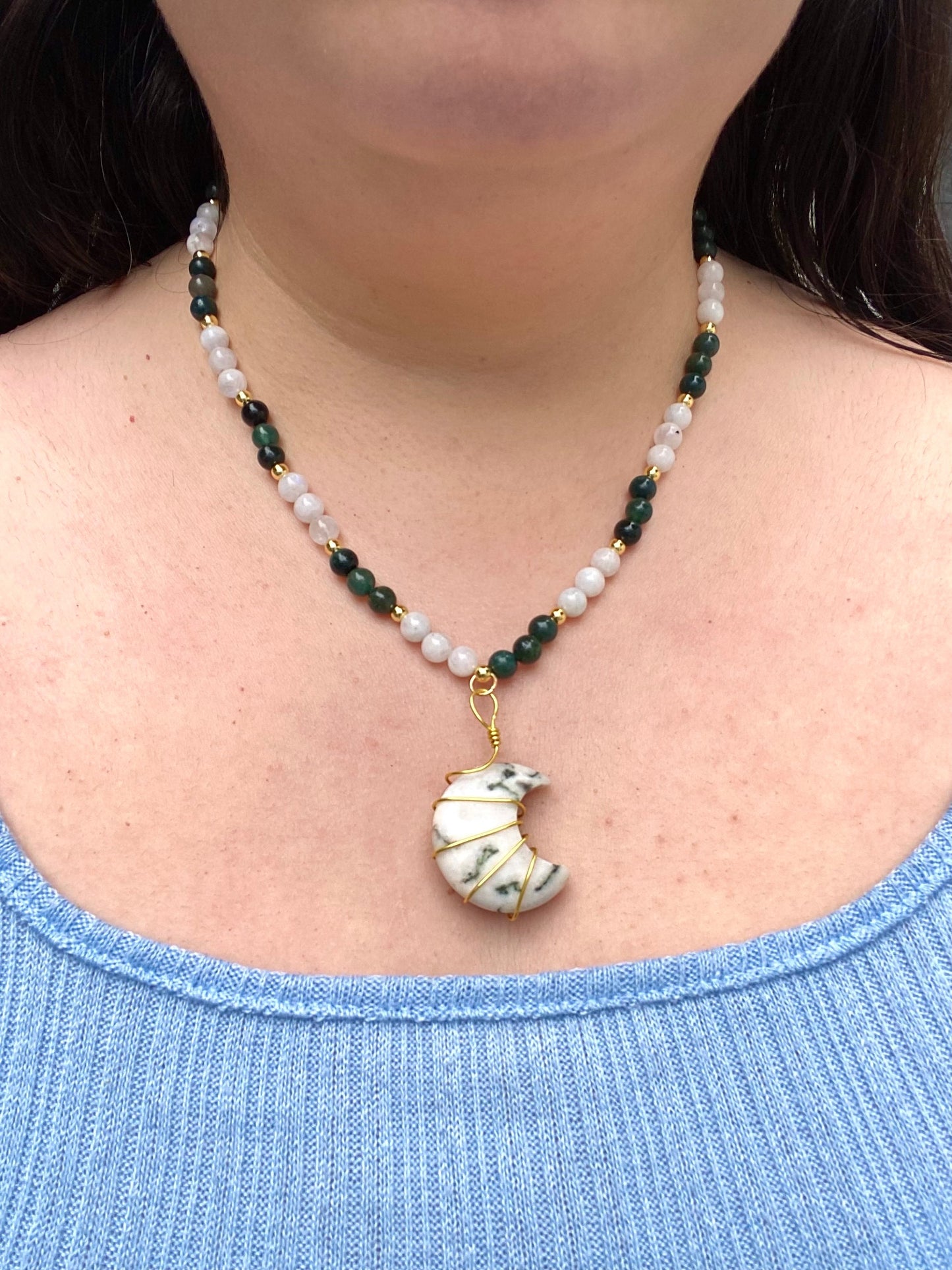 Moonstone and Moss Agate Natural Stone Crystal beaded necklace with 18k gold filled beads with a crystal moss agate carved moon wrapped in gold wire tarnish resistant and the perfect gift for friends and family for birthdays christmas, etc.