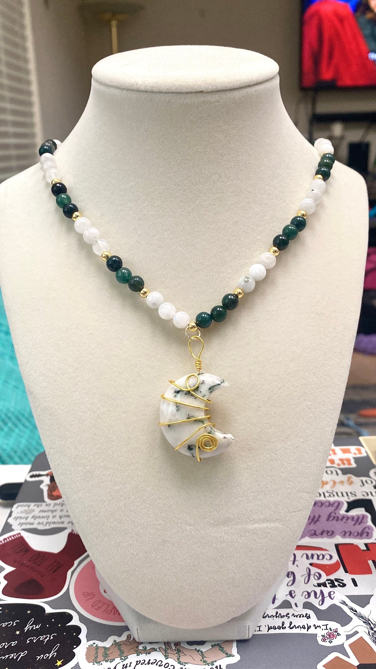 Moonstone and Moss Agate Natural Stone Crystal beaded necklace with 18k gold filled beads with a crystal moss agate carved moon wrapped in gold wire tarnish resistant and the perfect gift for friends and family for birthdays christmas, etc.