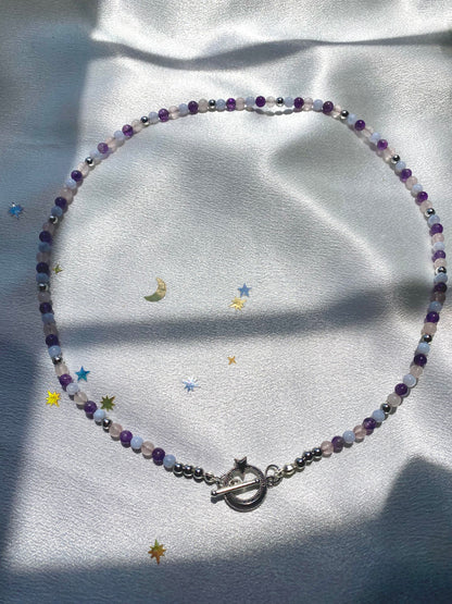 Calming natural stone gemstone handmade necklace with blue lace agate, amethyst, and rose quartz. Perfect gift for friends and family for any occasion such as birthdays, christmas, etc. Included is a beautiful stainless steel moon toggle clasp