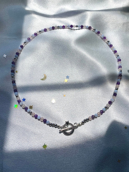 Calming natural stone gemstone handmade necklace with blue lace agate, amethyst, and rose quartz. Perfect gift for friends and family for any occasion such as birthdays, christmas, etc. Included is a beautiful stainless steel moon toggle clasp