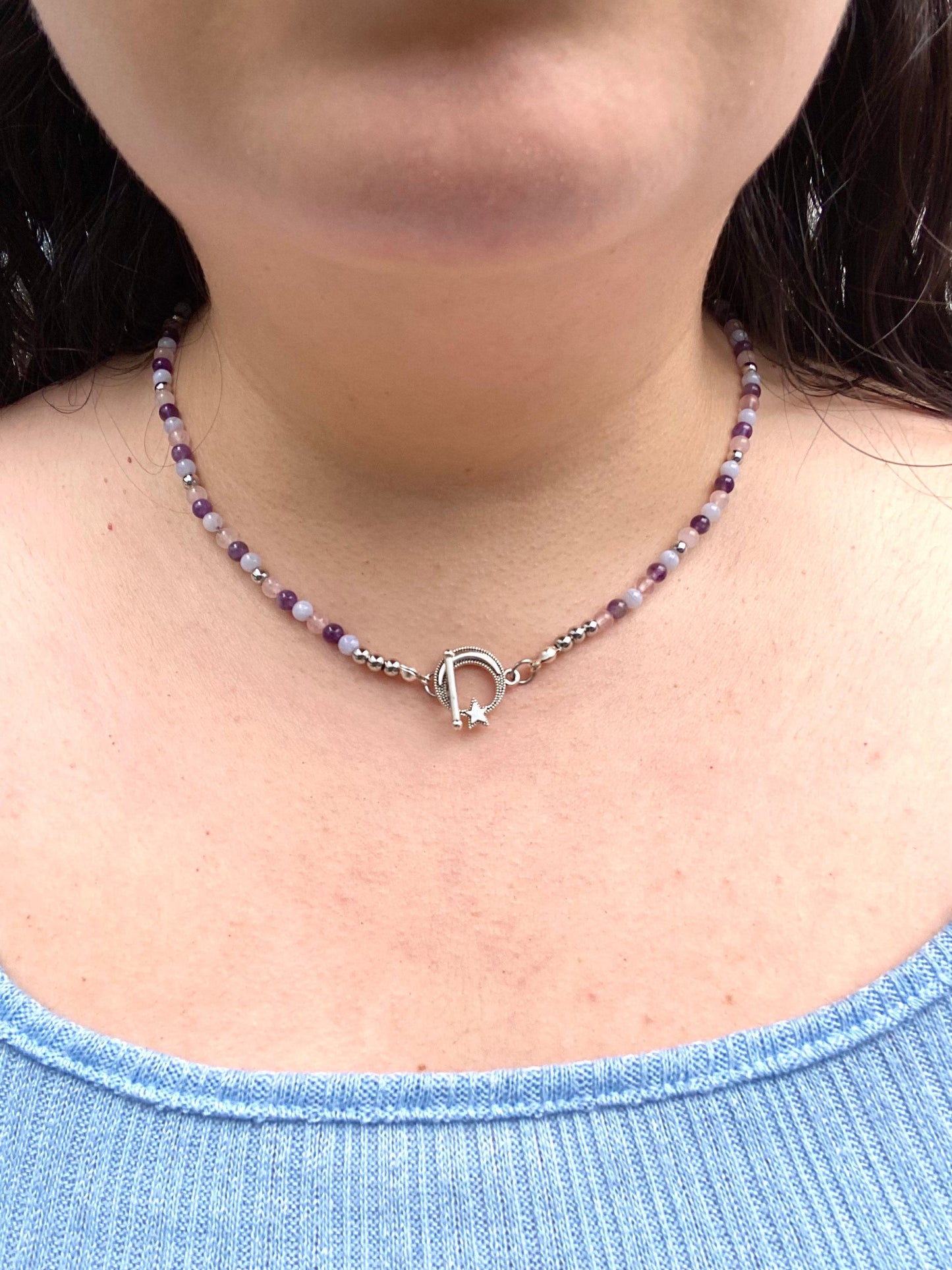 Calming natural stone gemstone handmade necklace with blue lace agate, amethyst, and rose quartz. Perfect gift for friends and family for any occasion such as birthdays, christmas, etc. Included is a beautiful stainless steel moon toggle clasp