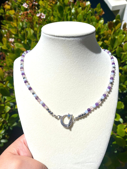 Calming natural stone gemstone handmade necklace with blue lace agate, amethyst, and rose quartz. Perfect gift for friends and family for any occasion such as birthdays, christmas, etc. Included is a beautiful stainless steel moon toggle clasp