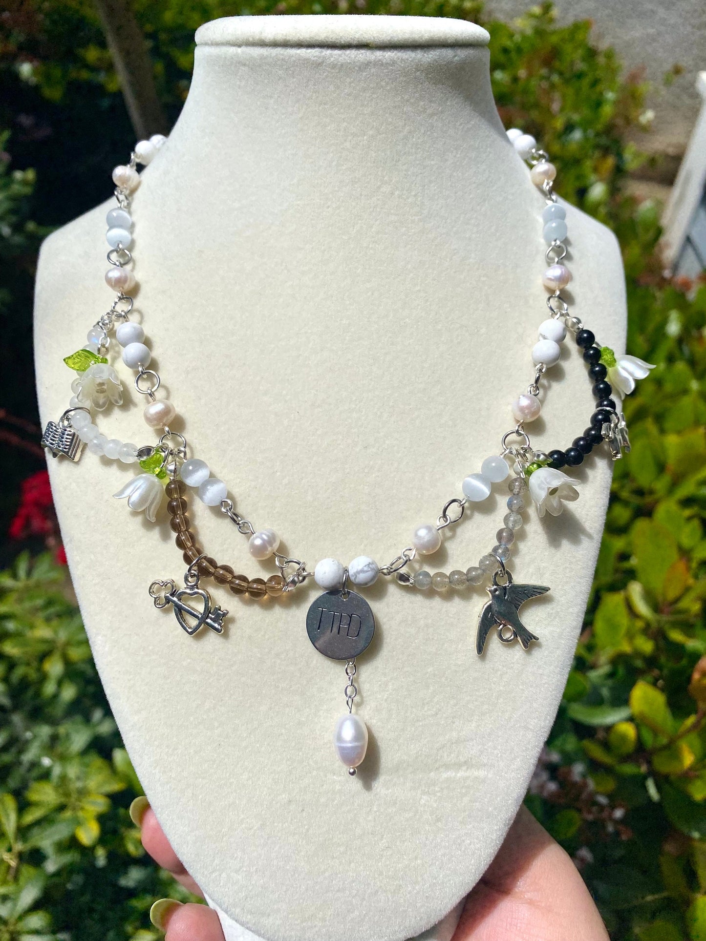 Tortured Poets Department handmade gemstone beaded necklace made with selenite, howlite, moonstone, smoky quartz, labadorite, and obsidian genuine gemstones. Perfect gift for any swiftie excited for taylor&#39;s new album release!