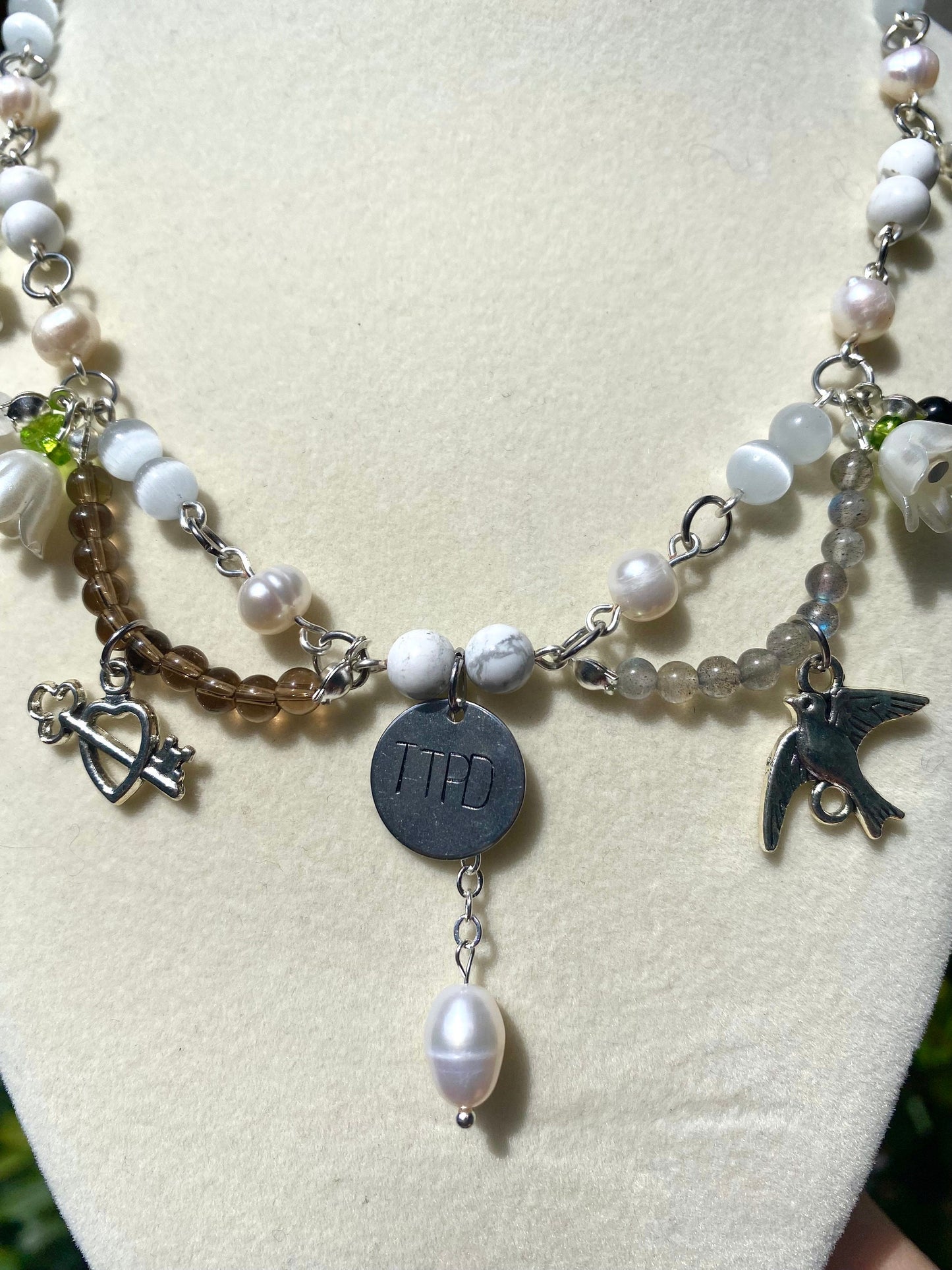 Tortured Poets Department handmade gemstone beaded necklace made with selenite, howlite, moonstone, smoky quartz, labadorite, and obsidian genuine gemstones. Perfect gift for any swiftie excited for taylor&#39;s new album release!