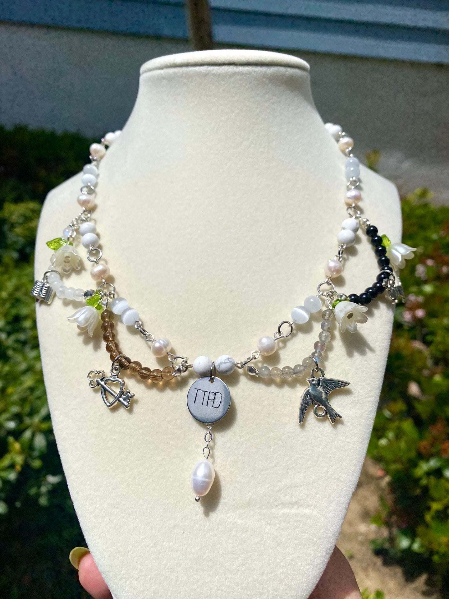 Tortured Poets Department handmade gemstone beaded necklace made with selenite, howlite, moonstone, smoky quartz, labadorite, and obsidian genuine gemstones. Perfect gift for any swiftie excited for taylor&#39;s new album release!