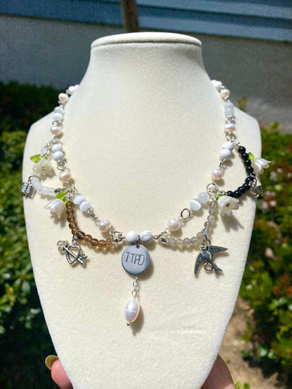 Tortured Poets Department handmade gemstone beaded necklace made with selenite, howlite, moonstone, smoky quartz, labadorite, and obsidian genuine gemstones. Perfect gift for any swiftie excited for taylor&#39;s new album release!