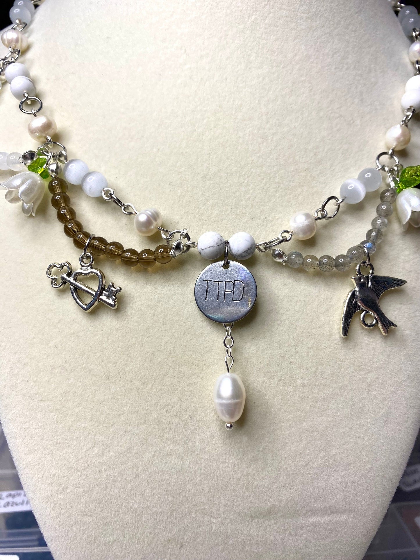 Tortured Poets Department handmade gemstone beaded necklace made with selenite, howlite, moonstone, smoky quartz, labadorite, and obsidian genuine gemstones. Perfect gift for any swiftie excited for taylor&#39;s new album release!