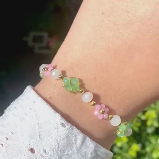 Watermelon Dainty Crystal Daisy Flower Beaded Bracelet 18k Gold Green Pink Cute Mothers Day Gift Birthday Bridesmaid For Her Girls Teen