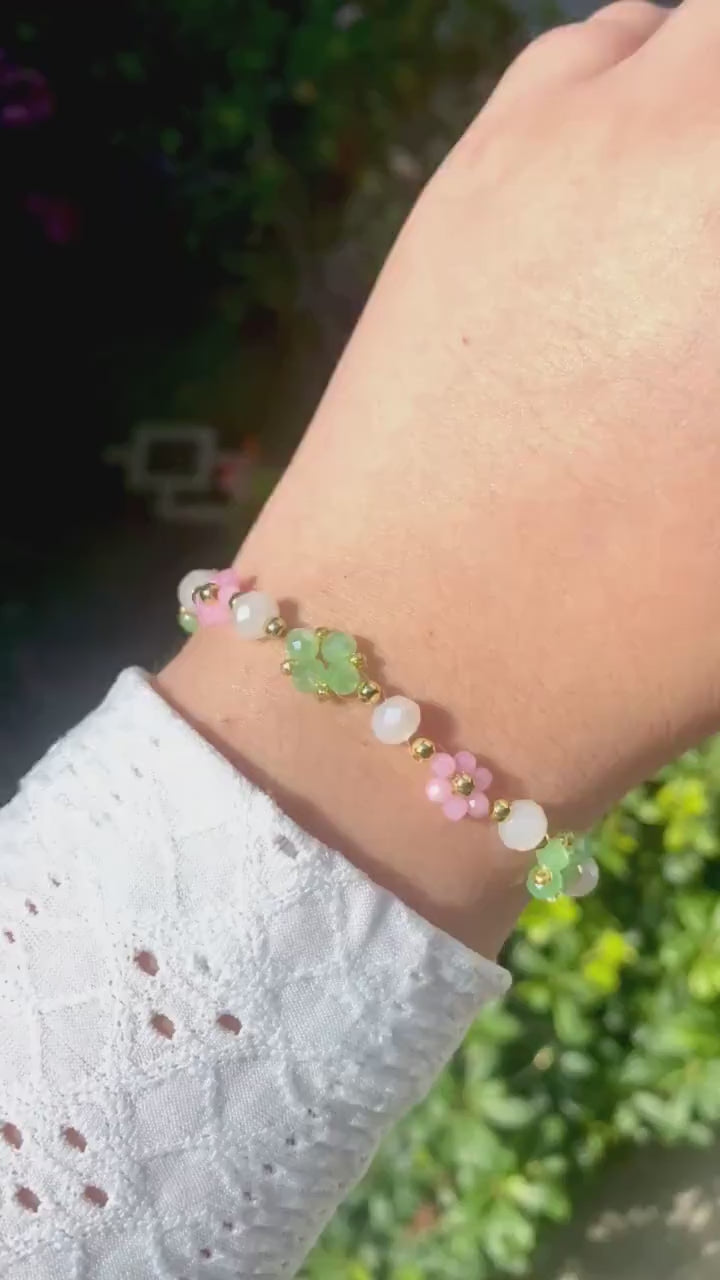 Watermelon Dainty Crystal Daisy Flower Beaded Bracelet 18k Gold Green Pink Cute Mothers Day Gift Birthday Bridesmaid For Her Girls Teen