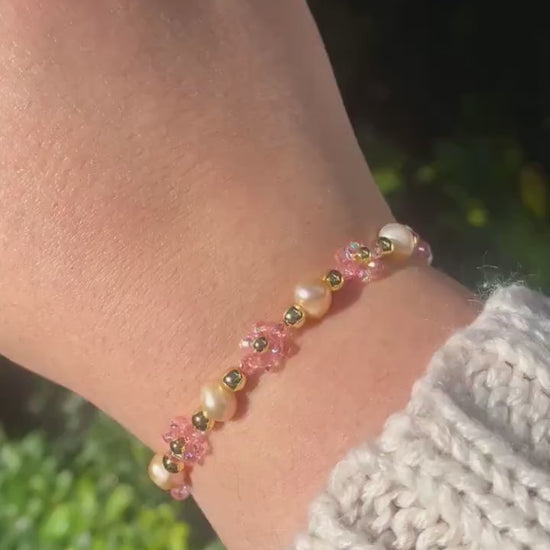 Lovely Dainty 18k Gold Pink Pearl Crystal Flower Beaded Bracelet | Cute Mothers Day Gift Birthday Bridesmaid Valentines Christmas For her