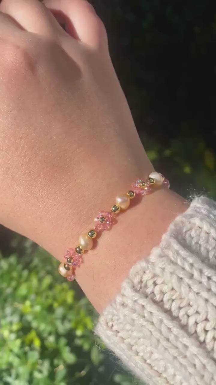 Lovely Dainty 18k Gold Pink Pearl Crystal Flower Beaded Bracelet | Cute Mothers Day Gift Birthday Bridesmaid Valentines Christmas For her