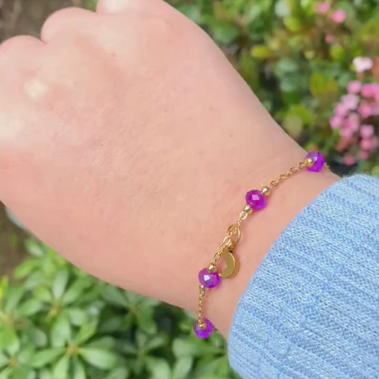 Crescent Moon Charm Bracelet Purple Beads 18k gold plated Mothers Day Birthday Bridesmaid Wedding Gift For her Date Night Witchy Celestial