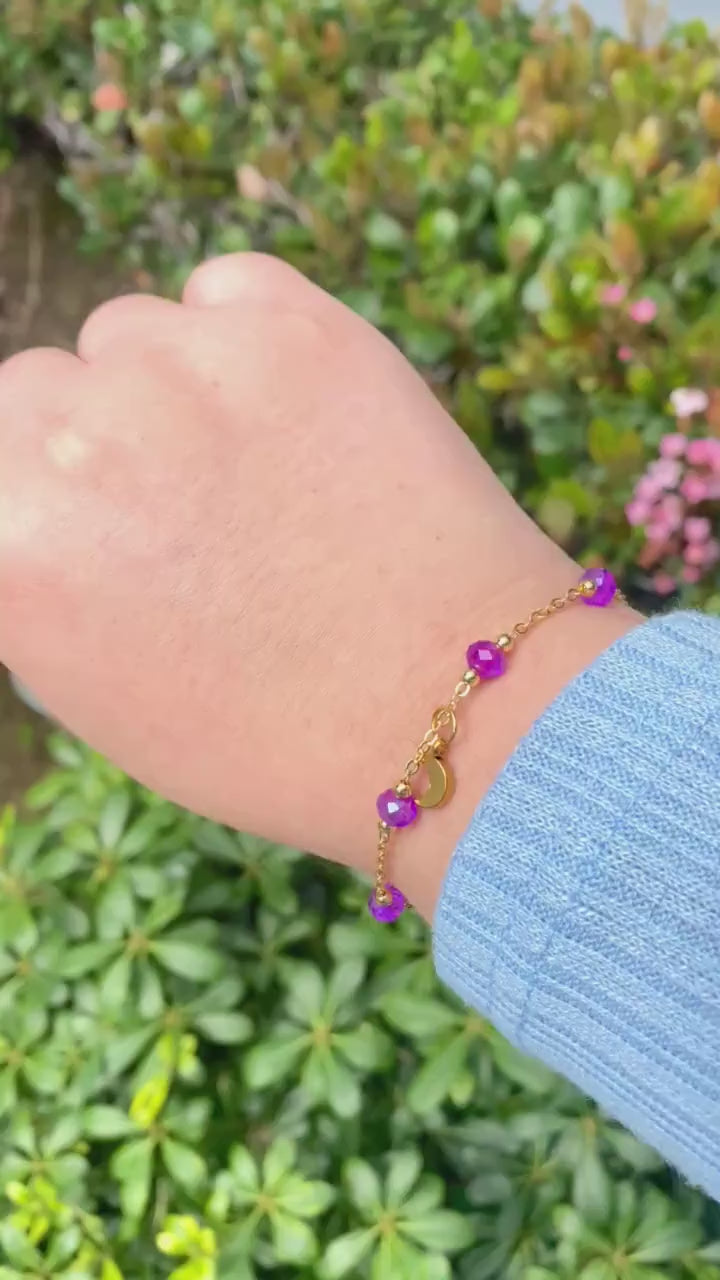 Crescent Moon Charm Bracelet Purple Beads 18k gold plated Mothers Day Birthday Bridesmaid Wedding Gift For her Date Night Witchy Celestial