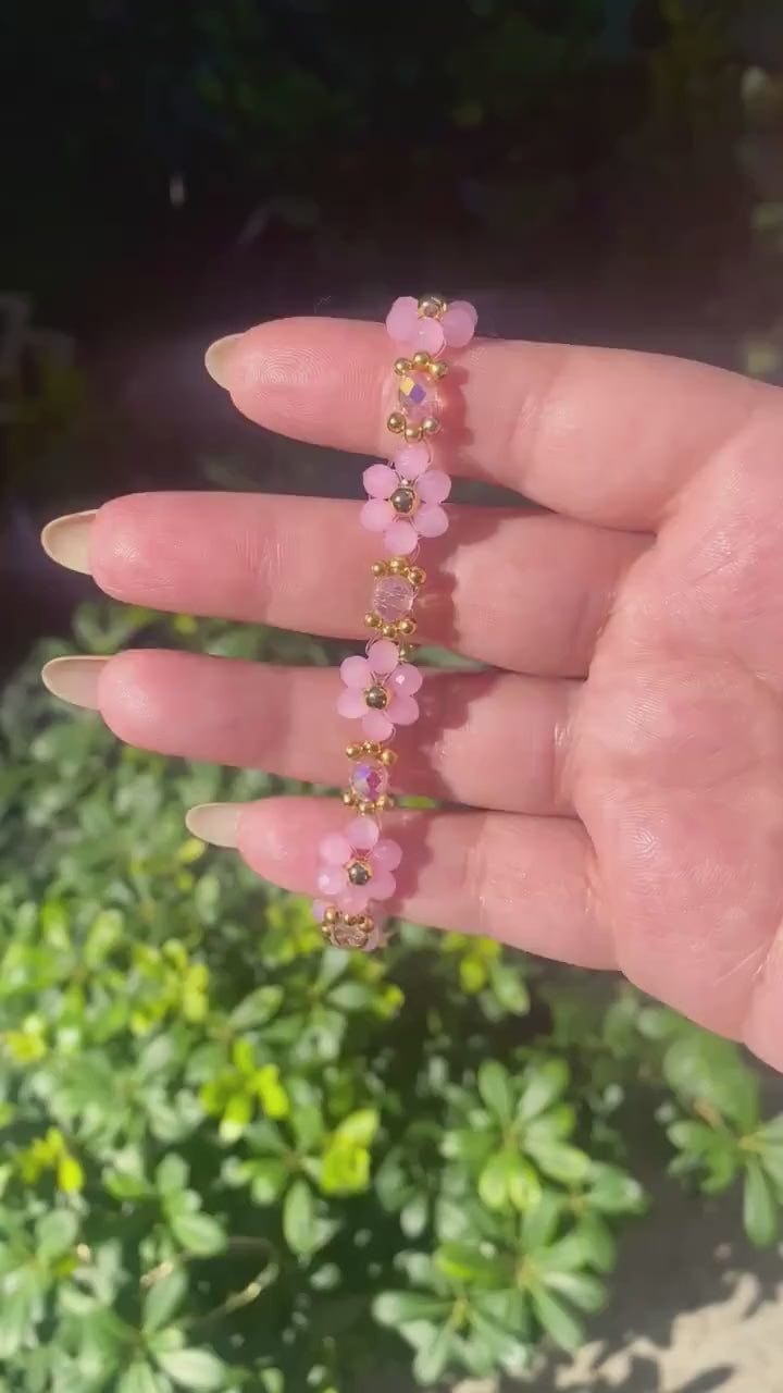 Pink Valentine Crystal Daisy Flower 18k Gold Beaded Bracelet | Cute Elegant Mothers Day Gift Birthday Bridesmaid Valentines Day For her