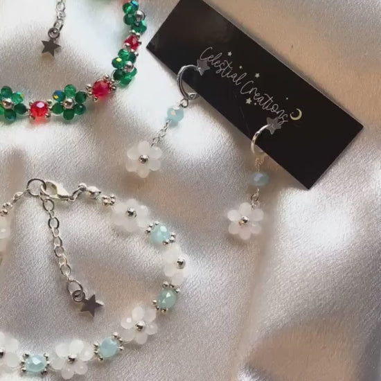 Christmas Joy Bracelet and Earrings Jewelry Set Mothers Day Gift Birthday Bridesmaid For her Handmade Crystal Beads Flower Daisy