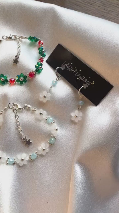 Christmas Joy Bracelet and Earrings Jewelry Set Mothers Day Gift Birthday Bridesmaid For her Handmade Crystal Beads Flower Daisy