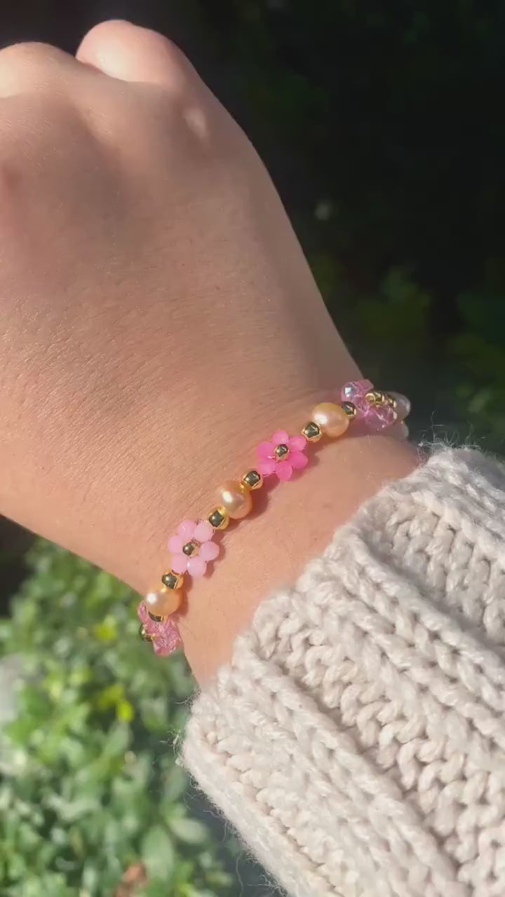 Charming Dainty Pink Pearl Crystal Flower 18k Gold Beaded Bracelet | Mothers Day Gift Birthday Bridesmaid Valentines For her Christmas Cute