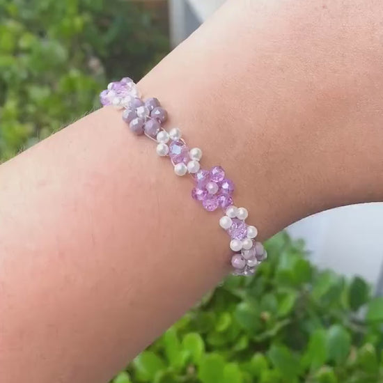 Purple and White Gold Daisy Flower Beaded Bracelet | Cute Bracelet | Mothers Day Gift | Birthday Gift | Bridesmaid Gift | Jewelry