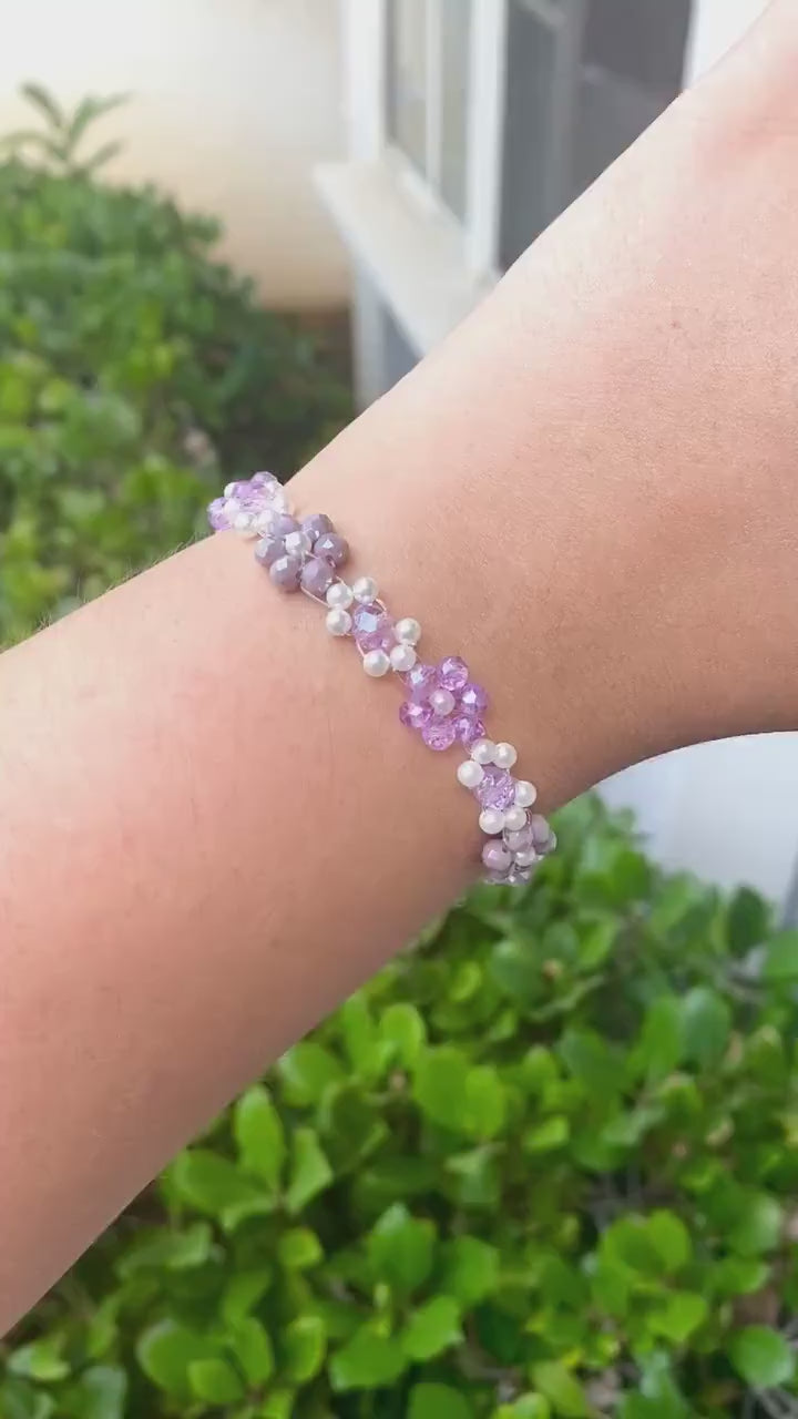 Purple and White Gold Daisy Flower Beaded Bracelet | Cute Bracelet | Mothers Day Gift | Birthday Gift | Bridesmaid Gift | Jewelry