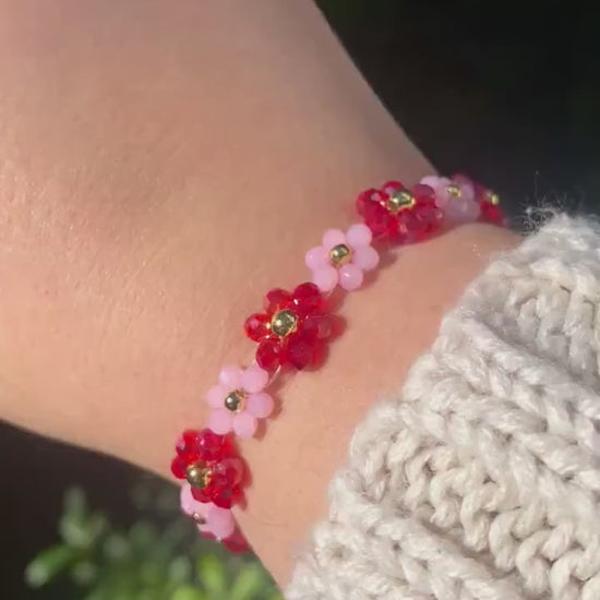 Pink and Red 18k gold Valentine Crystal Daisy Flower Beaded Bracelet Mothers Day Gift Birthday Bridesmaid Valentines Christmas For her love