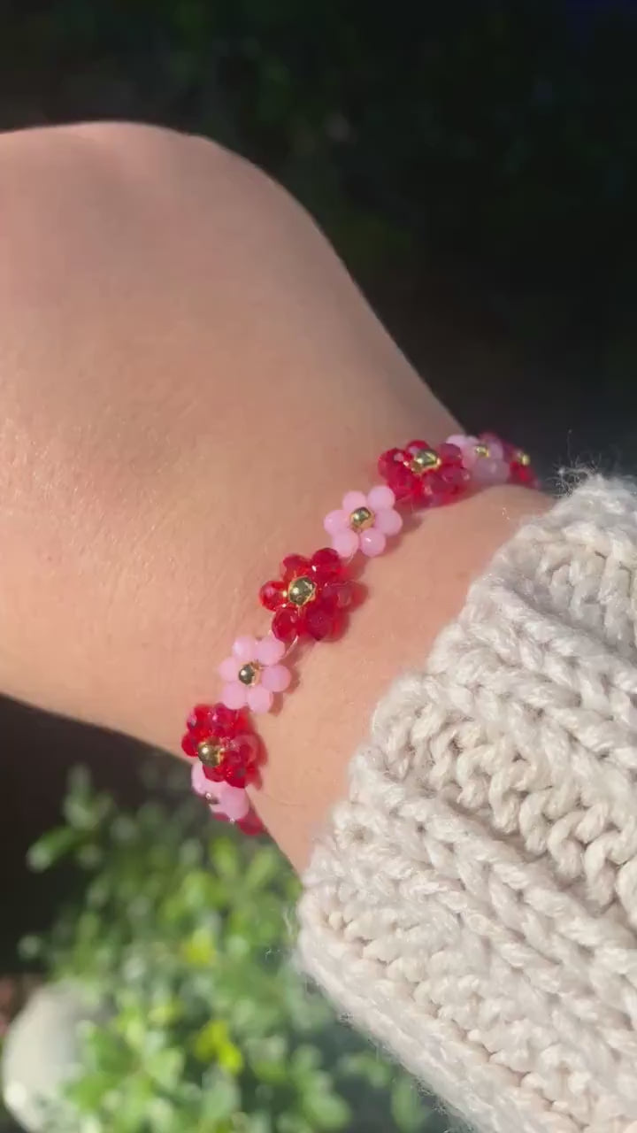 Pink and Red 18k gold Valentine Crystal Daisy Flower Beaded Bracelet Mothers Day Gift Birthday Bridesmaid Valentines Christmas For her love