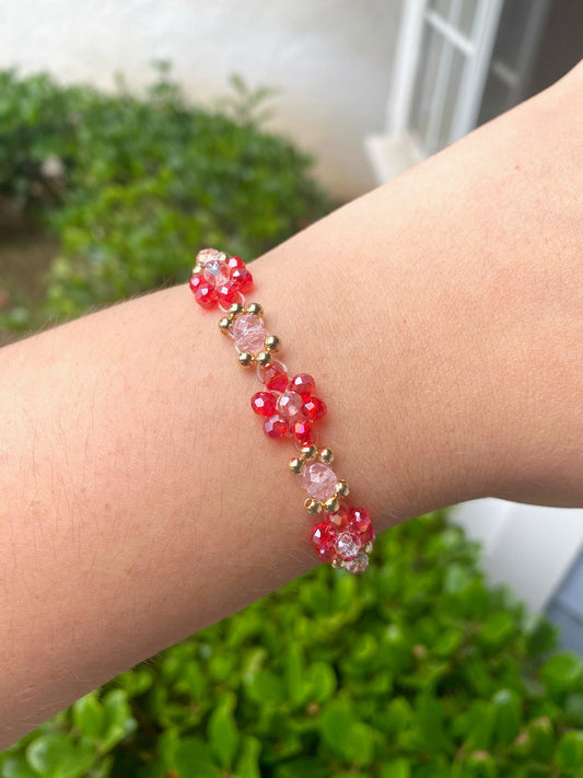 Red Pink Gold Daisy Flower Beaded Bracelet | Cute Bracelet | Mothers Day Gift | Birthday Gift | Bridesmaid Gift | Jewelry