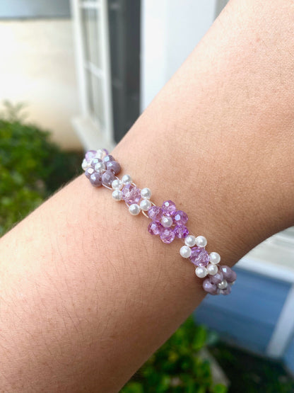 Purple and White Gold Daisy Flower Beaded Bracelet | Cute Bracelet | Mothers Day Gift | Birthday Gift | Bridesmaid Gift | Jewelry