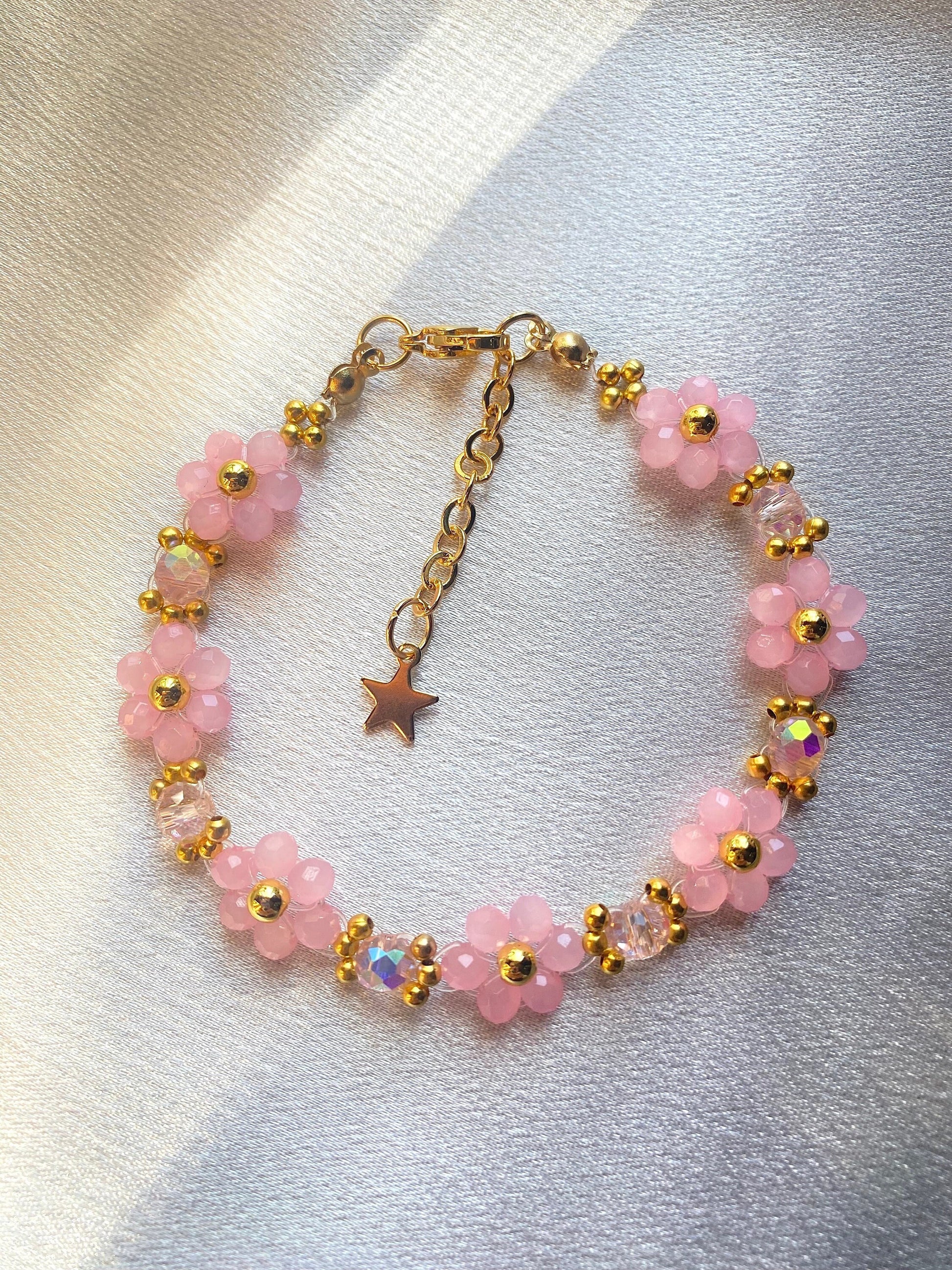 Pink Valentine Crystal Daisy Flower 18k Gold Beaded Bracelet | Cute Elegant Mothers Day Gift Birthday Bridesmaid Valentines Day For her