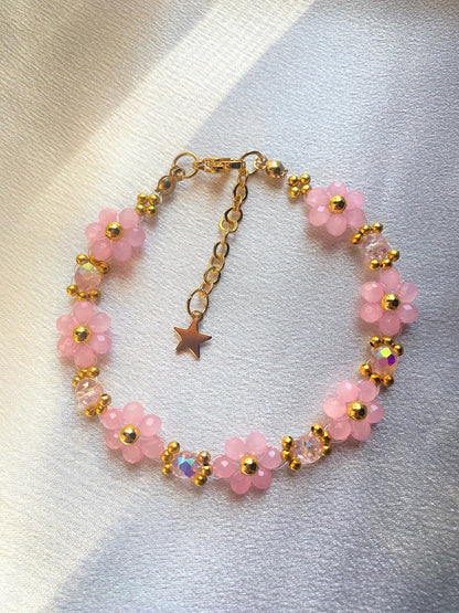 Pink Valentine Crystal Daisy Flower 18k Gold Beaded Bracelet | Cute Elegant Mothers Day Gift Birthday Bridesmaid Valentines Day For her