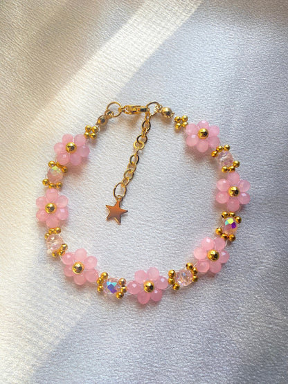 Pink Valentine Crystal Daisy Flower 18k Gold Beaded Bracelet | Cute Elegant Mothers Day Gift Birthday Bridesmaid Valentines Day For her