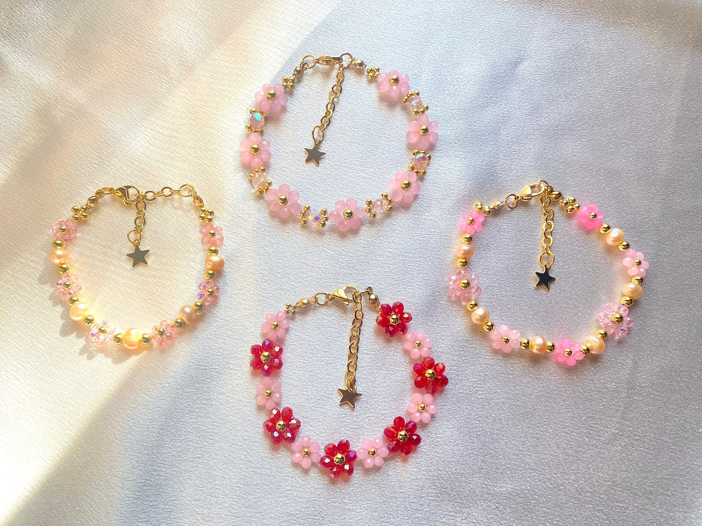 Pink Valentine Crystal Daisy Flower 18k Gold Beaded Bracelet | Cute Elegant Mothers Day Gift Birthday Bridesmaid Valentines Day For her