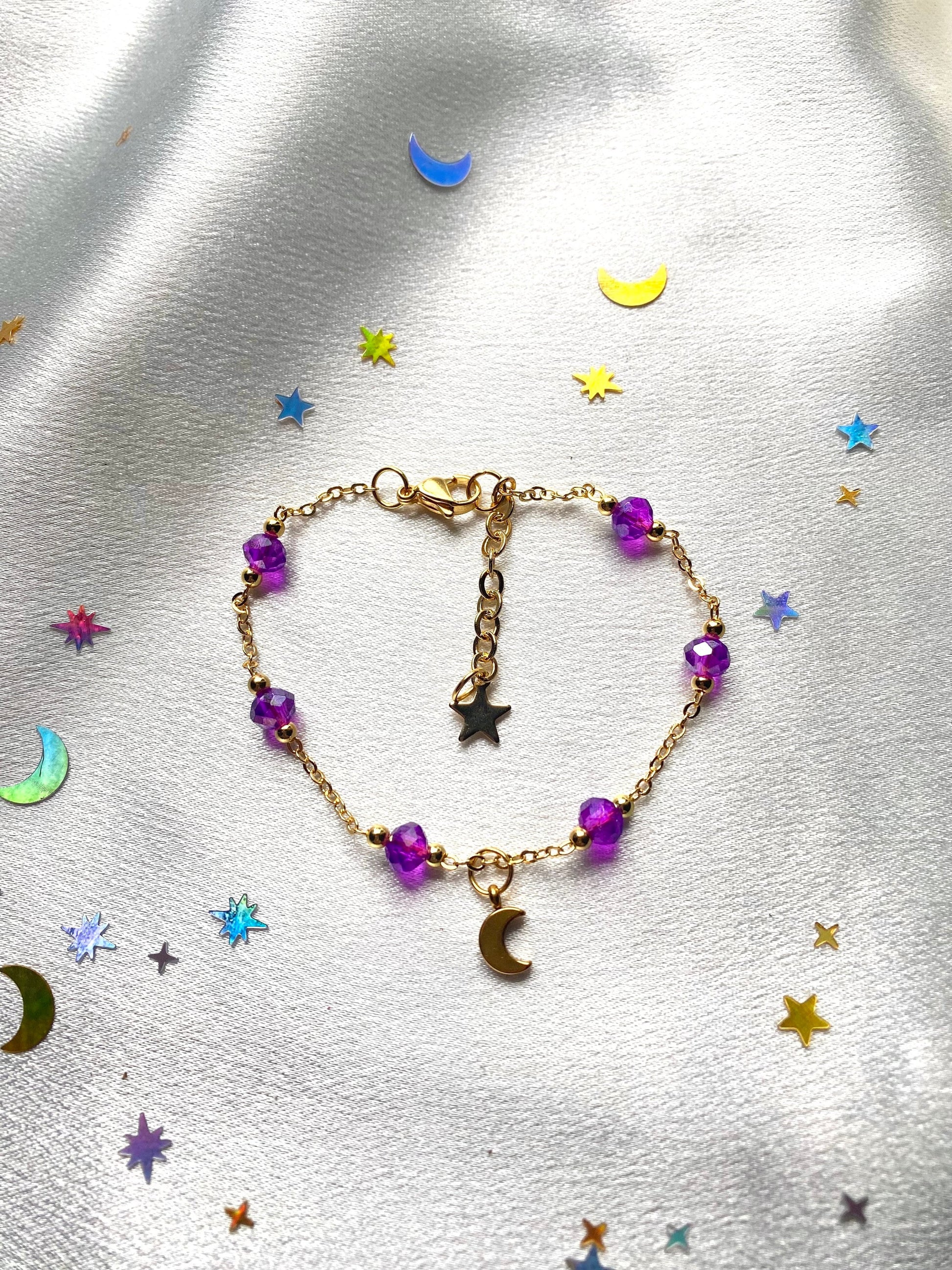 Crescent Moon Charm Bracelet Purple Beads 18k gold plated Mothers Day Birthday Bridesmaid Wedding Gift For her Date Night Witchy Celestial perfect gift for any occasion