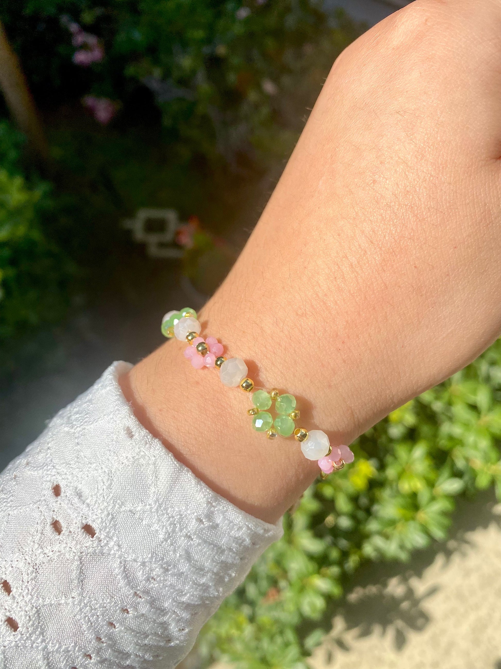 Watermelon Dainty Crystal Daisy Flower Beaded Bracelet 18k Gold Green Pink perfect gift for any occasion