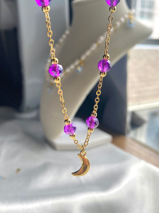 Crescent Moon Pendant 18k Gold Plated Purple Necklace Mothers Day Birthday Bridesmaid Wedding Gift For her Date Night Witchy Celestial