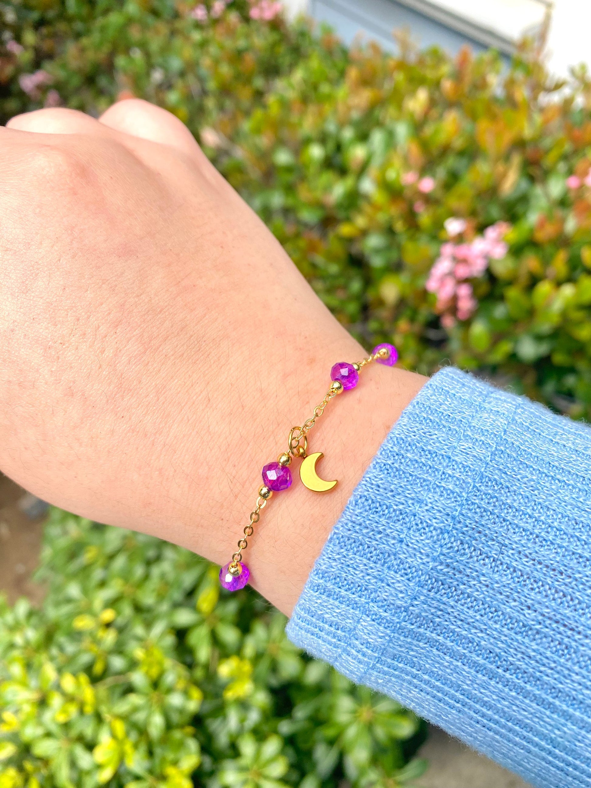 Crescent Moon Charm Bracelet Purple Beads 18k gold plated Mothers Day Birthday Bridesmaid Wedding Gift For her Date Night Witchy Celestial perfect gift for any occasion