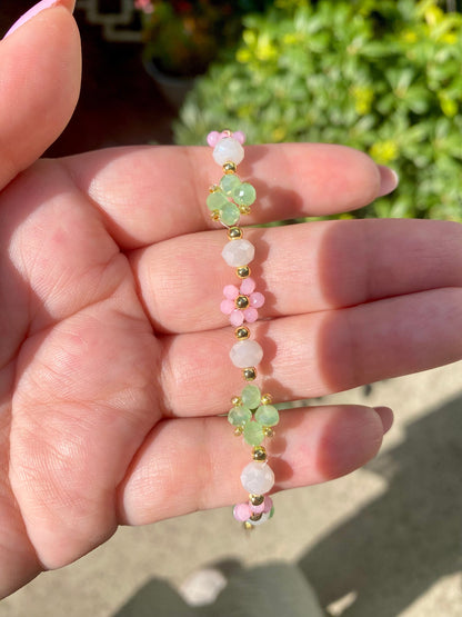 Watermelon Dainty Crystal Daisy Flower Beaded Bracelet 18k Gold Green Pink perfect gift for any occasion